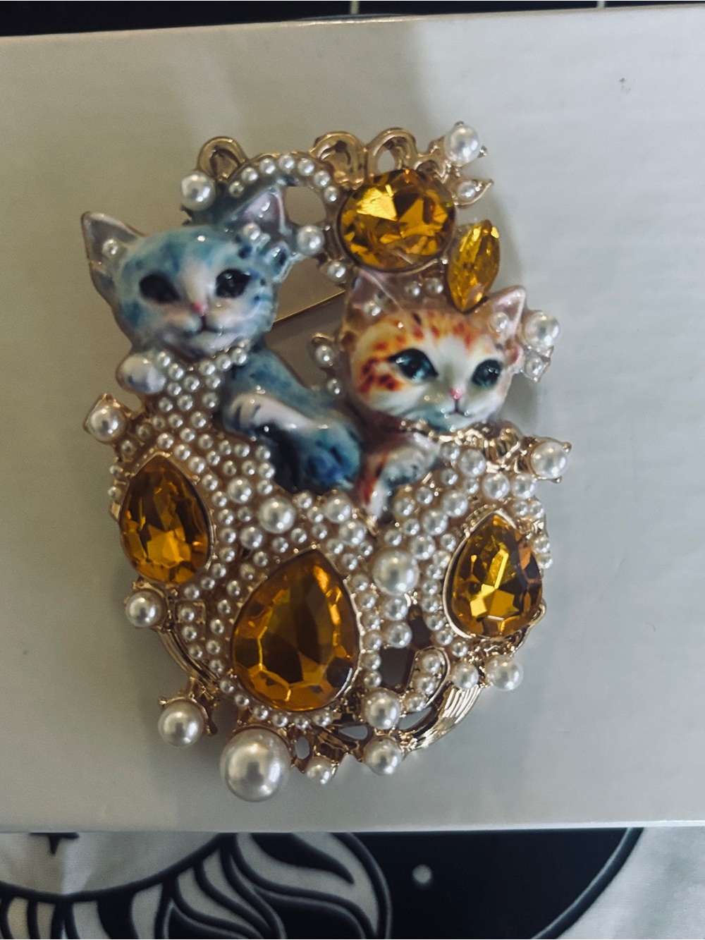 Gold-Tone Brooch with Amber Crystals and Faux Pearls